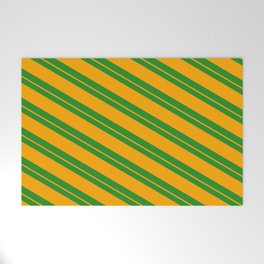 [ Thumbnail: Forest Green and Orange Colored Pattern of Stripes Welcome Mat ]
