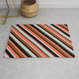 [ Thumbnail: Red, Light Blue, Brown, and Black Colored Lines/Stripes Pattern Rug ]