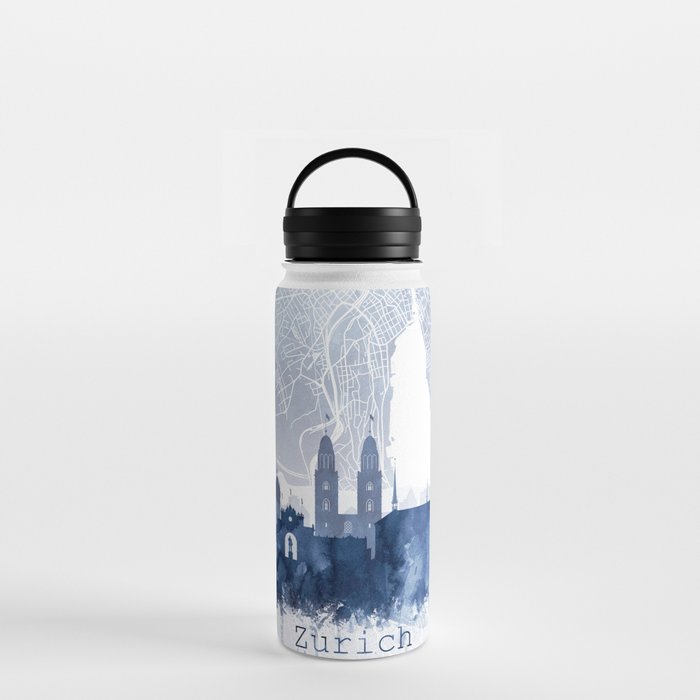 Zurich Skyline & Map Watercolor Navy Blue, Print by Zouzounio Art Water Bottle