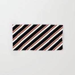 [ Thumbnail: Eye-catching Goldenrod, Plum, Brown, White & Black Colored Stripes Pattern Hand & Bath Towel ]