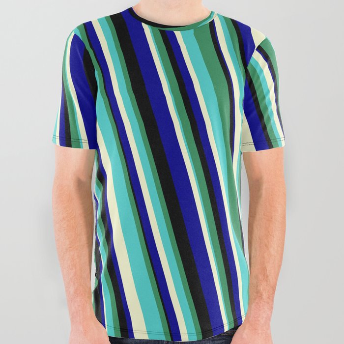 Eyecatching Sea Green, Turquoise, Light Yellow, Dark Blue, and Black Colored Stripes/Lines Pattern All Over Graphic Tee
