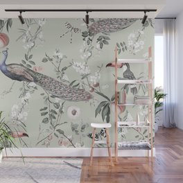 Oriental Peacock Toucan Floral Pattern Wall Mural