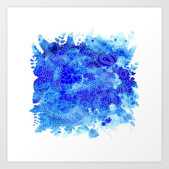 Blue Floral Pattern 02 Art Print