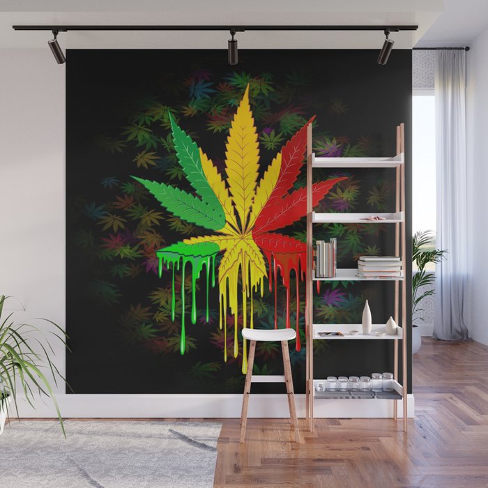 Marijuana Leaf Rasta Colors Dripping Paint Wall Mural By