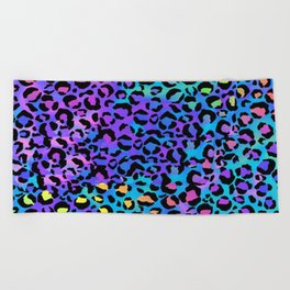 Holographic Rainbow Leopard Print Spots on Bright Neon Beach Towel