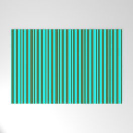 [ Thumbnail: Cyan and Dark Olive Green Colored Lined/Striped Pattern Welcome Mat ]