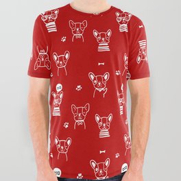 Red and White Hand Drawn Dog Puppy Pattern All Over Graphic Tee