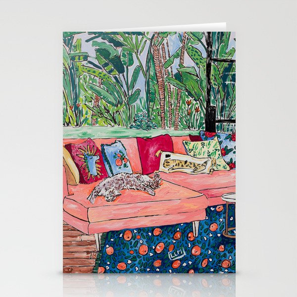 Napping Brown Tabby Cat on Pink Couch with Jungle Background Painting After Matisse Stationery Cards