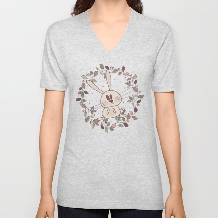 Adorable rabbits with autumn leaves and berries in pink colors V Neck T Shirt