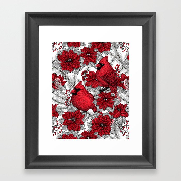 Cardinals in winter branches and Christmas decoration Framed Art Print