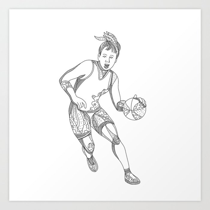 Female Basketball Player Doodle Art Art Print