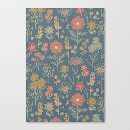 Denim Blue & Coral Floral Canvas Print