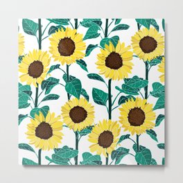 Sunny Sunflowers - White Metal Print | Drawn, Bright, Sun, Stalks, Green, Handmade, Nature, Trendy, Emerald, Digital 