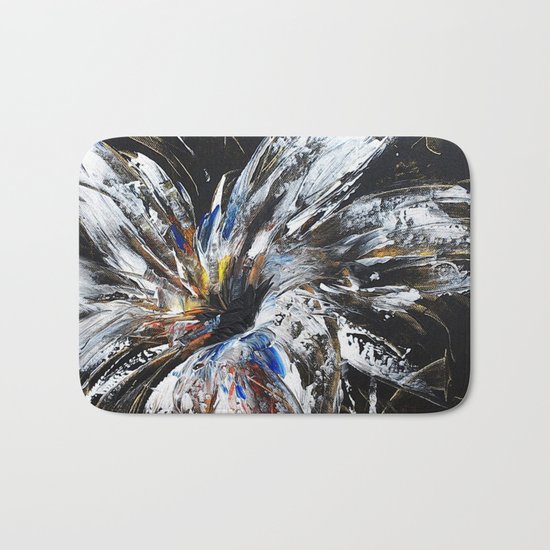 white flower on black background, painted Bath Mat