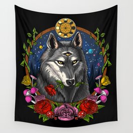 Psychedelic Wolf Trippy Moon Phases Wall Tapestry