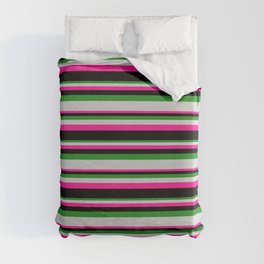 [ Thumbnail: Forest Green, Light Gray, Deep Pink, and Black Colored Stripes Pattern Duvet Cover ]