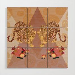Two Leopards on Gold Geo Pink Floral Jungle Wood Wall Art