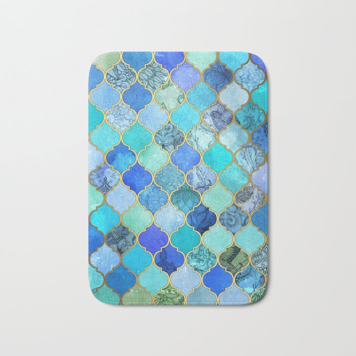 Cobalt Blue, Aqua & Gold Decorative Moroccan Tile Pattern Bath Mat