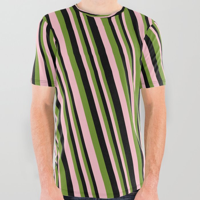 Green, Pink, and Black Colored Striped Pattern All Over Graphic Tee