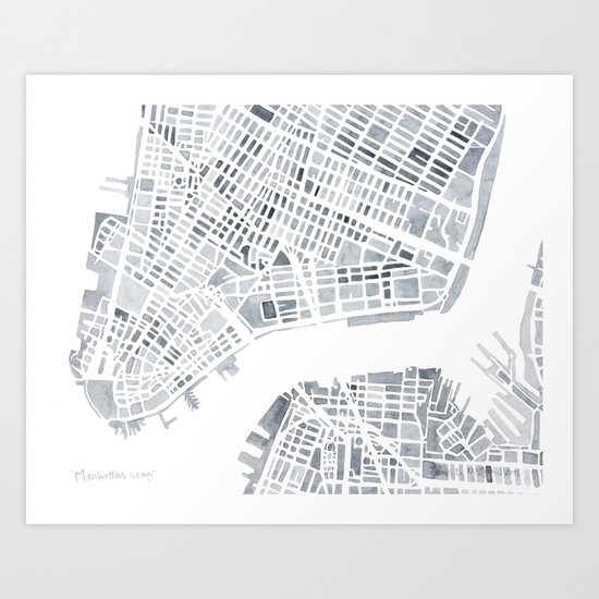 Map Manhattan Gray NYC Art Print