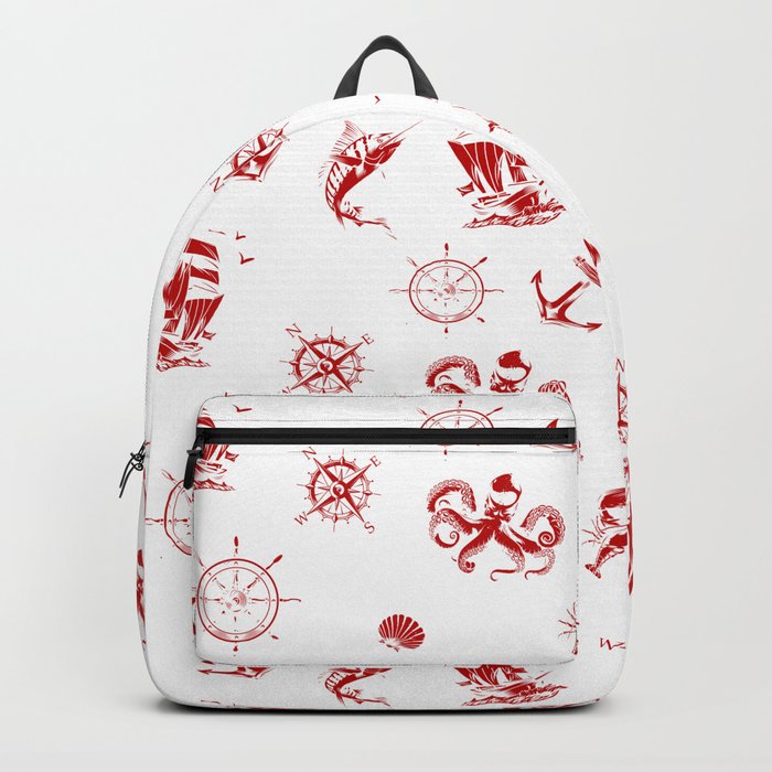 Red Silhouettes Of Vintage Nautical Pattern Backpack