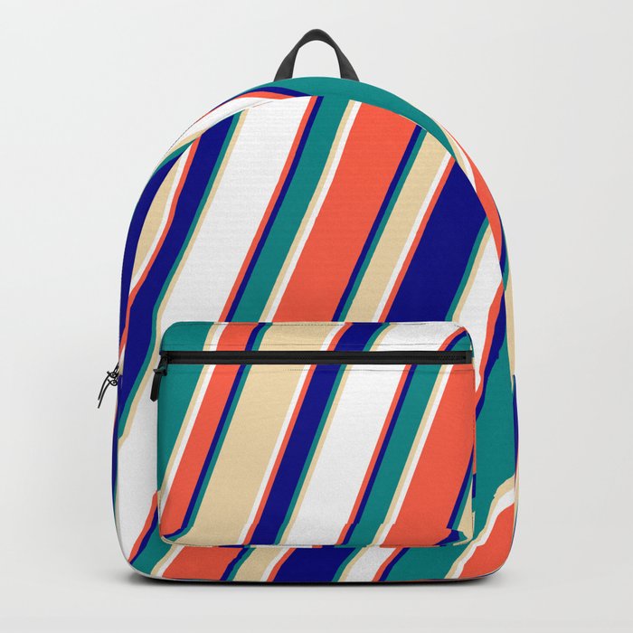 Red, Dark Blue, Dark Cyan, Tan & White Colored Lined/Striped Pattern Backpack