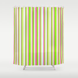 [ Thumbnail: Green, Pale Goldenrod, Light Cyan, and Hot Pink Colored Lined/Striped Pattern Shower Curtain ]
