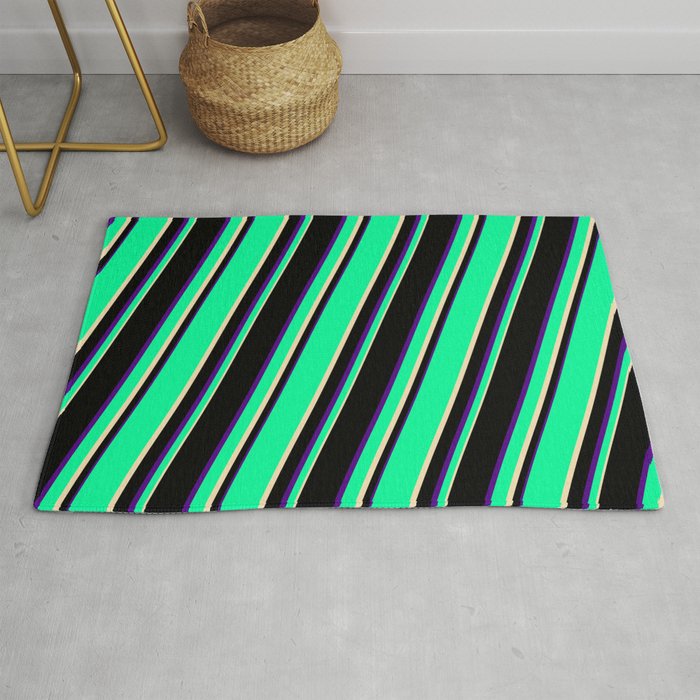 Green, Tan, Black, and Indigo Colored Lines/Stripes Pattern Rug