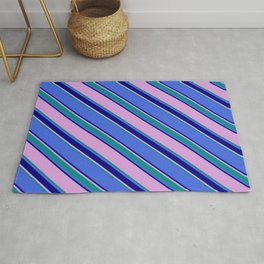 [ Thumbnail: Plum, Dark Cyan, Royal Blue, and Blue Colored Lined Pattern Rug ]