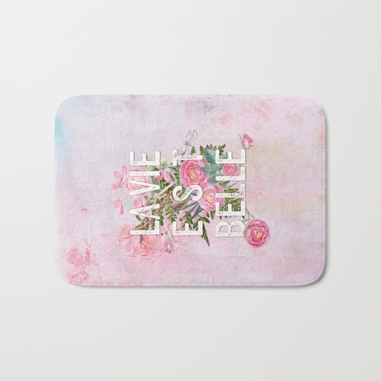 LAVIE EST BELLE - Watercolor - Pink flowers roses - rose flower Bath Mat