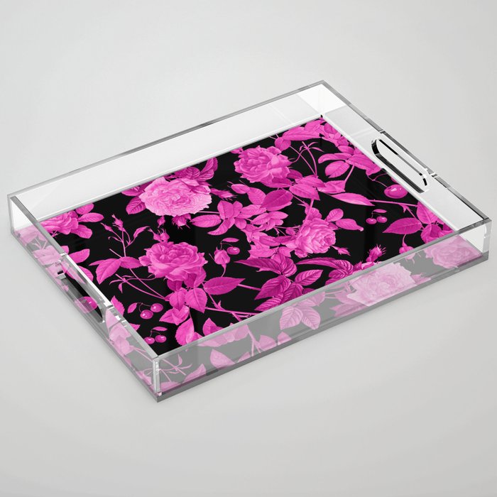 Pink Roses Pattern with Leaves and Cherries Acrylic Tray