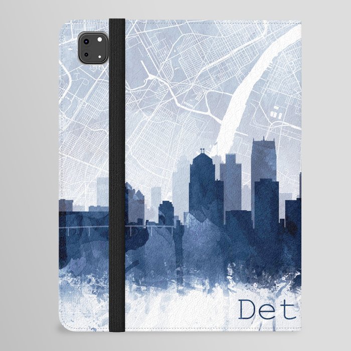 Detroit Skyline & Map Watercolor Navy Blue, Print by Zouzounio Art iPad Folio Case