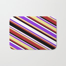 [ Thumbnail: Colorful Purple, Tan, Red, Black & White Colored Stripes Pattern Bath Mat ]