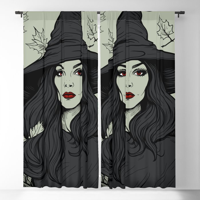 Witch and Autumn Leaves Vintage Horror Halloween Green Sage Black Charcoal Red Blackout Curtain