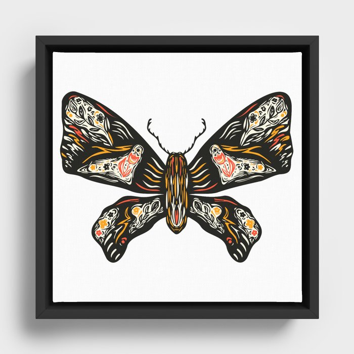 Colorful Butterfly with colored ornament. Hand drawn linocut illustration Framed Canvas