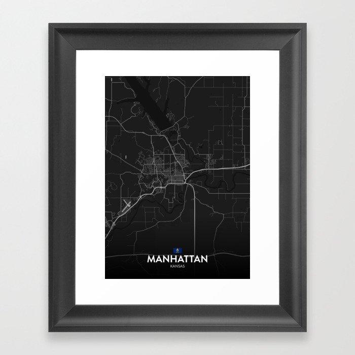 Manhattan, Kansas, United States - Dark City Map Framed Art Print