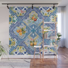 Blue Sicilian Limones_italian summer citrus fruit maiolica pattern_bloomartgallery Wall Mural