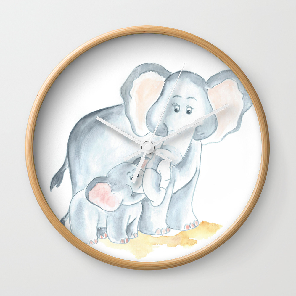 Elephants Watercolor Painting Baby Elephant With Mom Wall Clock