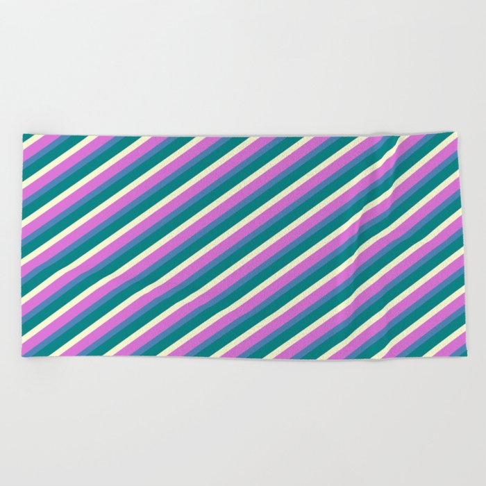 Orchid, Blue, Teal & Light Yellow Colored Striped/Lined Pattern Beach Towel