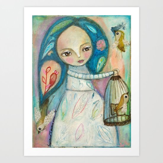 Free to fly - girl and birds Art Print