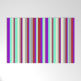 [ Thumbnail: Dark Violet, Red, Dark Grey, Beige & Aquamarine Colored Striped Pattern Welcome Mat ]