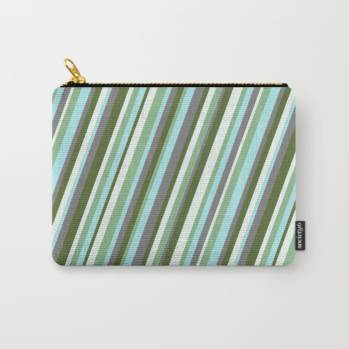 Vibrant Dark Olive Green, Mint Cream, Dark Sea Green, Turquoise & Grey Colored Stripes Pattern Carry-All Pouch