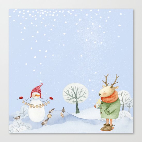 Merry christmas- Snowman Deer and birds are having Winter fun Canvas Print