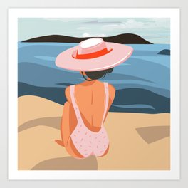 Relaxing girl in pink hat on beach landscape background, Hand drawn cartoon summer time illustration Art Print