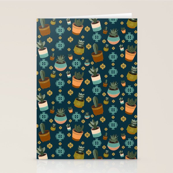 Mid Century Modern Potted Succulents and Cacti Pattern in Navy Blue