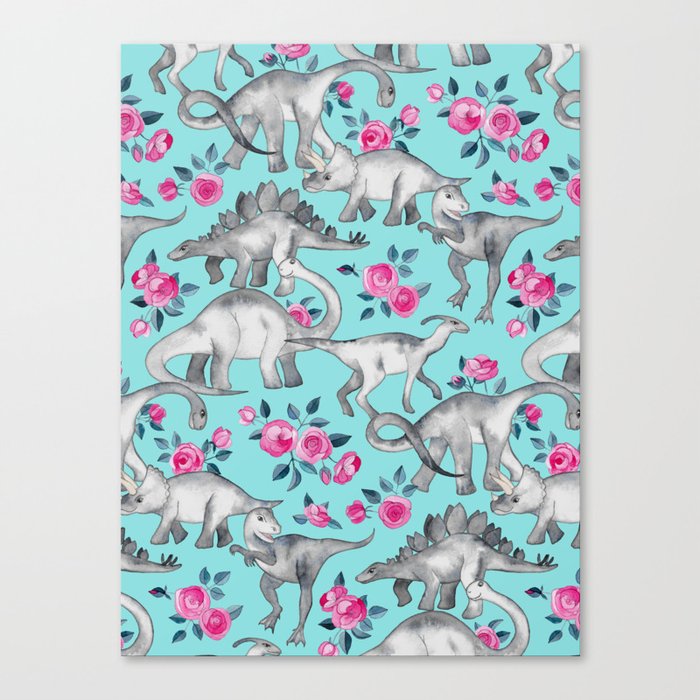 Dinosaurs and Roses - turquoise blue Canvas Print