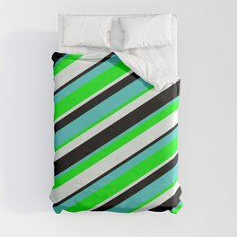[ Thumbnail: Turquoise, Lime, Mint Cream, and Black Colored Stripes/Lines Pattern Duvet Cover ]