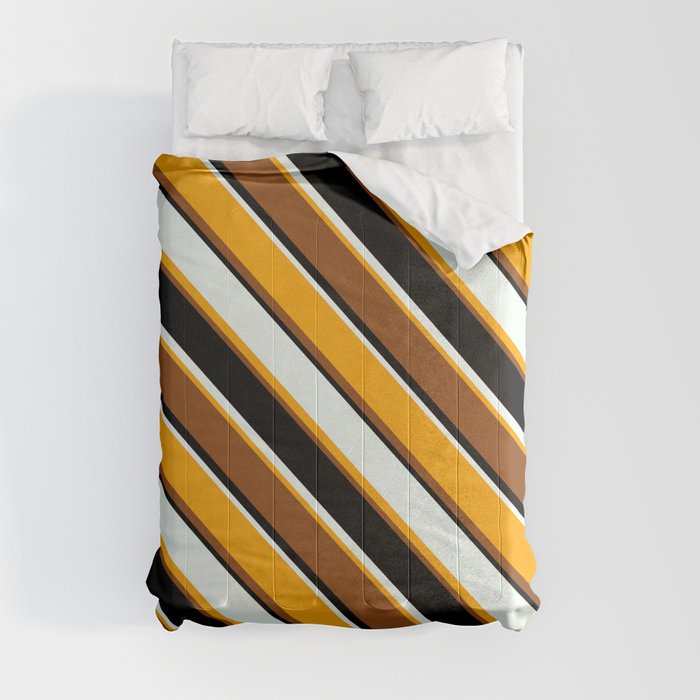 Mint Cream, Orange, Brown & Black Colored Lines/Stripes Pattern Comforter