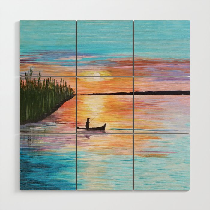 Acrylic Sunset on Lake with Fisherman Wood Wall Art
