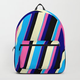 [ Thumbnail: Vibrant Deep Sky Blue, Hot Pink, Dark Blue, Black, and Light Yellow Colored Lines/Stripes Pattern Backpack ]